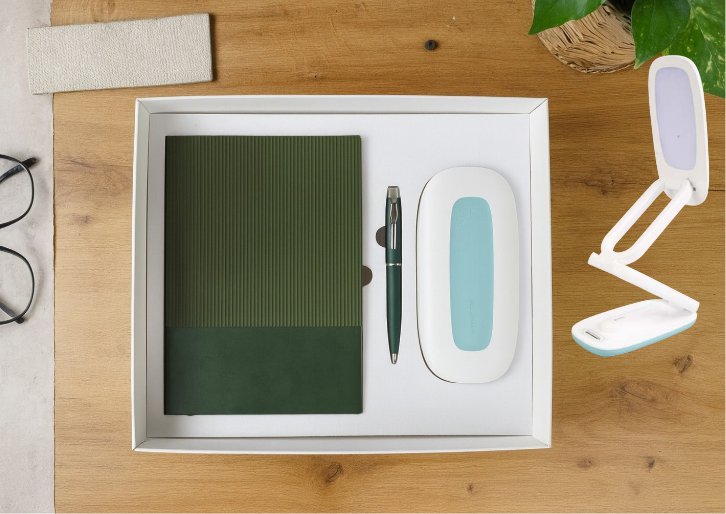 Olive Green Fluted Journal & Folding Desk Lamp Set